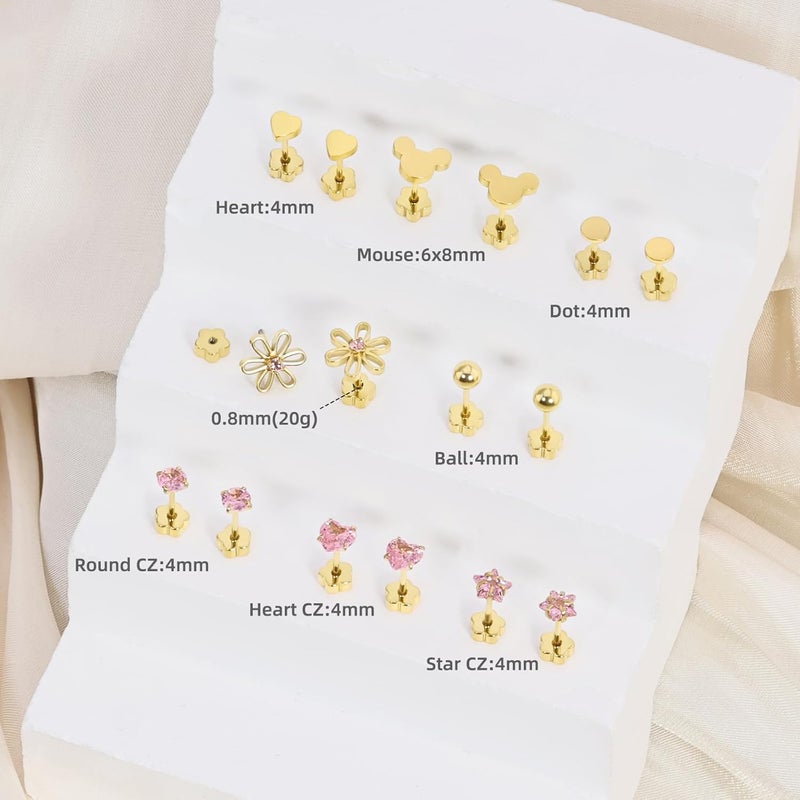 DALI Hypoallergenic 14K Gold Earrings for Girls Women, Toddler Screw Back Baby Earrings for Sensitive Ears Silver Kids Earrings Cute Flower Heart Star Ball Dot Mouse Titanium Flat Back Stud Earring Sets - Image 4